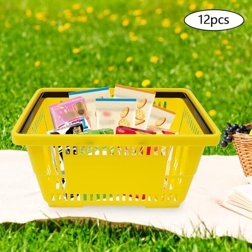 12 Pack Shopping Baskets with Handles, 18 L Plastic Shopping Cart(Yellow)