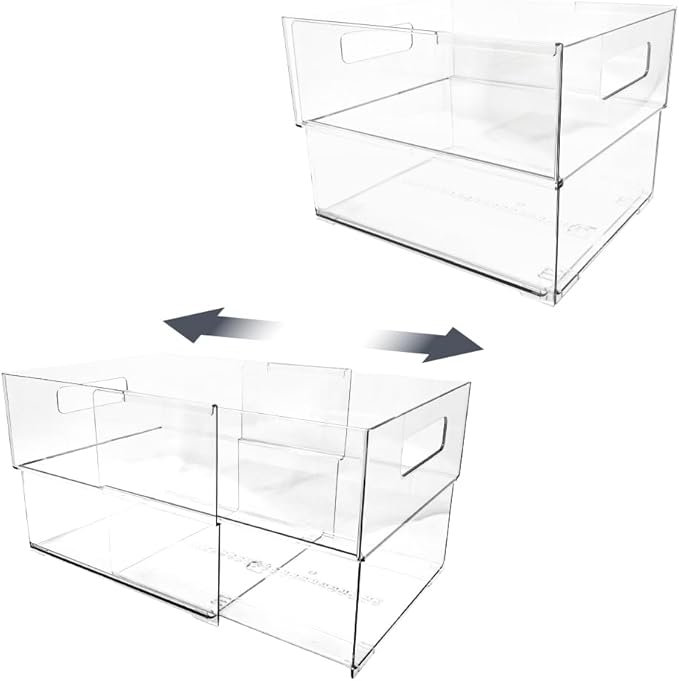 Isaac Jacobs 2-Pack Clear Expandable Storage Bins - Extra Large | 11"-19" L x 10" W x 7.8" H, Plastic Organizer with Cut-Out Handles, Adjustable Length from 11-19" Home, Kitchen & Office