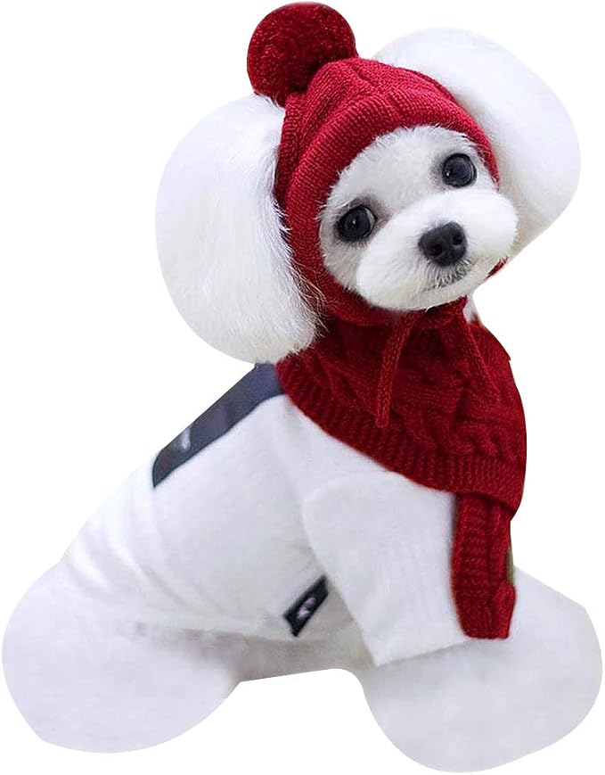 Goclothod Pet Dog Knitted Scarf and Hat Set Winter Neck Ear Warmer