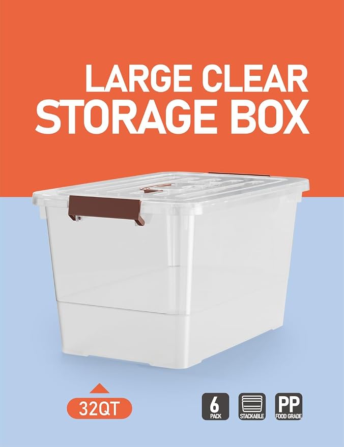 WYT 32 Qt Plastic Clear Storage Bin with Durable Lids and Latching Buckle, 6-Pack Tote Organizing Box Stackable and Nestable