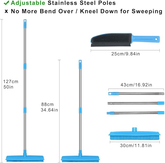 Landhope Fur Remover Broom, Rubber Broom with Squeegee Long Handle, 50 inches Sweeping Rug Brush Clean Carpet Windows Wooden Floor Sofa Bathroom Rugs Car Floor No Scratch