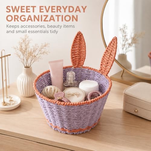 Bunny Boho Decor Storage Basket,Handmade Paper Rope Basket,Small | 100% Handmade Decor Bin,2 Color Blocking,Create An Organized Life,for Toilet Paper,Living Room,Table,Bedside,Pet Organizing