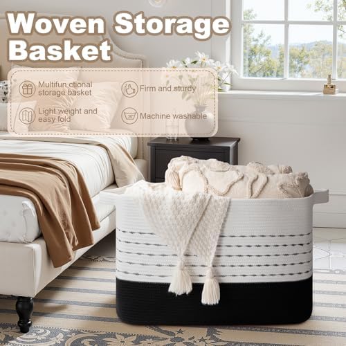 OIAHOMY 108L Extra Large Blanket Basket, 25”x16”x16” Rectangle Woven Cotton Rope Baskets for Living Room, Toy Storage with Handle- Gradient Black