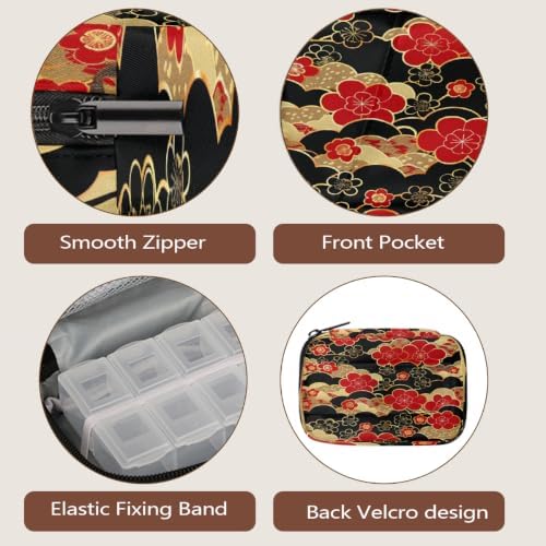 Travel Pill Organizer Red and Black Japanese Cherry Blossoms Pill Case