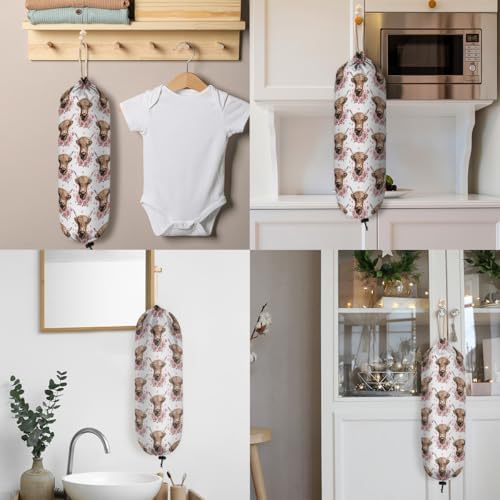 Pardick Plastic Bag Holder Heart Rose Highland Cow Wall Mount Grocery Bag Holder Wasgable Plastic Bag Dispenser Garbage Bag Organizer for Home Kitchen Decor, Gifts for Women Mom Family Friends