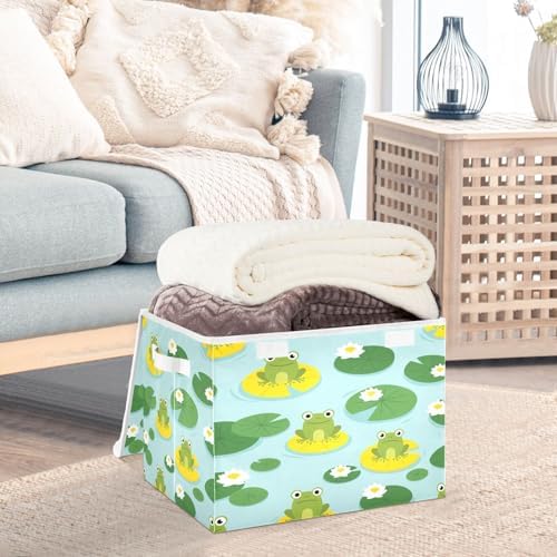 Storage Bins with Lids Frogs on Lily Pads Foldable Storage Boxes with Handles Cute Large Storage Basket Collapsible Organizer Containers for Closet Home Bedroom Office