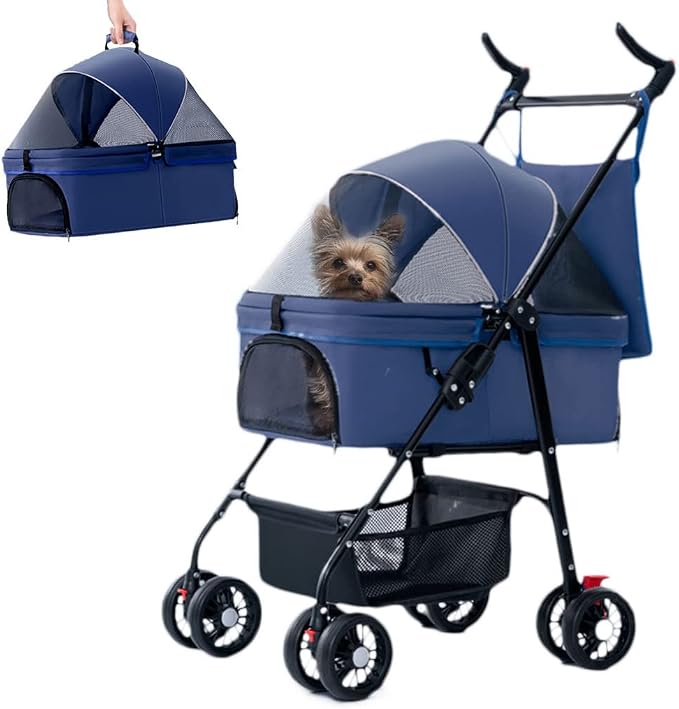 Foldable Pet Dog Stroller, Travel Dog Carrier with 4 Wheels Lightweight Dog Outing Accessories Cat Puppy Strolling Cart with Removable Liner & Storage Basket