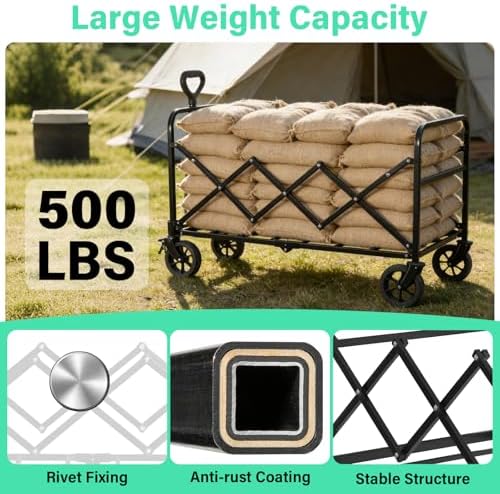 Folding Wagon Cart with All-Terrain Wheels – Heavy Duty Collapsible Utility Wagon for Grocery, Sports, Garden, Camping, Shopping (Black 500LBS)