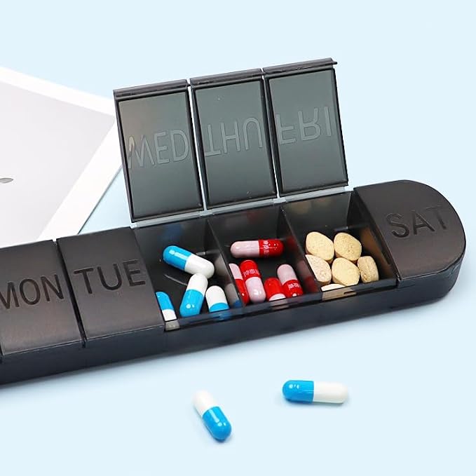 Pill Organizer Large, Travel Weekly 7-Day Vitamins Case Dispenser | Matte Black, Medicine Pill Box Holder Container for Medication, Meds and Minerals, Supplements, Fish Oil, Capsules, Tablet