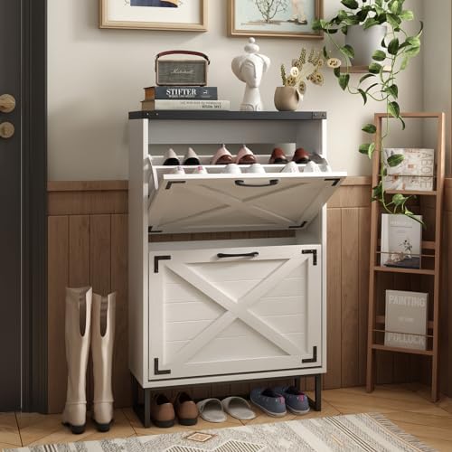 Maupvit 24" W Farmhouse Shoe Cabinet Storage for Entryway, Freestanding Organizer with 2 Flip Drawers, Narrow Shoe Rack Cabinet with Metal Corner Decoration, White