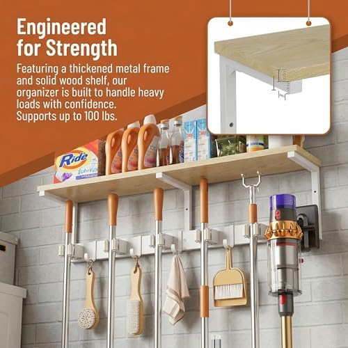 Upgraded Broom Holder Wall Mount with Shelf, Mop and Broom Organizer Wall Hanging, Cleaning Supplies Organizer with 5 Grippers, 4 Hooks and Vacuum Holder for Laundry Room, Garage, Kitchen