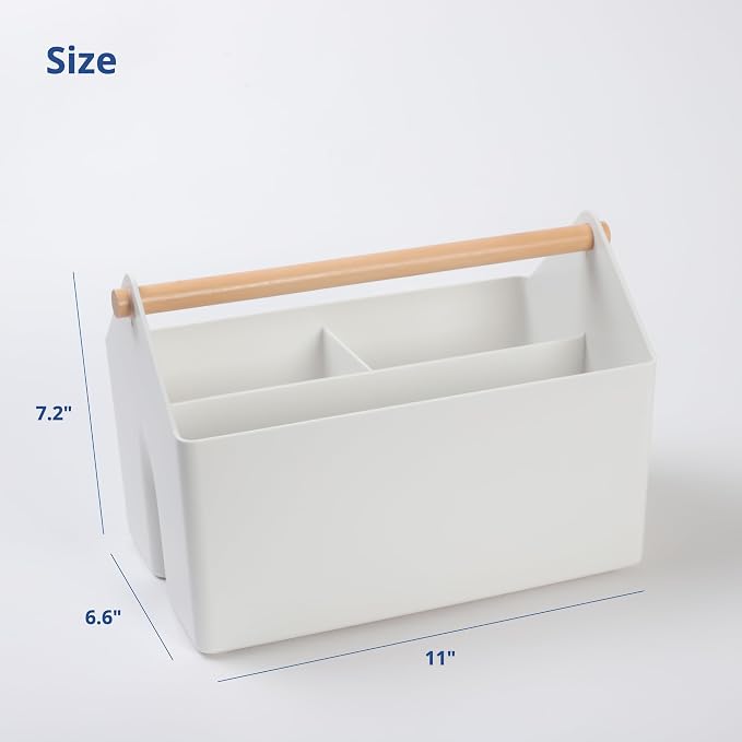 BLUE GINKGO Medium Storage Basket – Plastic Caddy with Wooden Handle for Office, Arts & Crafts, or Home Supplies (White) (Pack of 3)