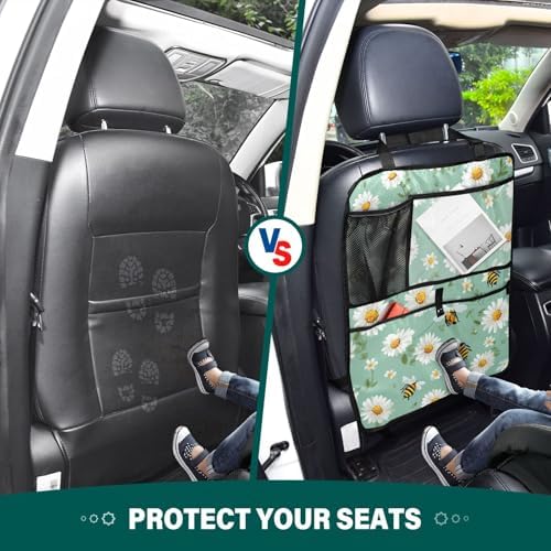 1 Pack Back Seat Car Organizer with Storage Pockets Kick Mats Back Seat Protector Hanging Car Organizer Automotive Seat Back Cover Organizers Mint Green Daisy Flowers and Bees