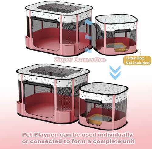 Portable Cat Playpen, 8-Rod Reinforced Kitten Dog Playpens, Foldable Play Pen for Indoor Cats Enclosed Pet Puppy Doggy Outdoor, Collapsible Tent Kennel Cage, Pink