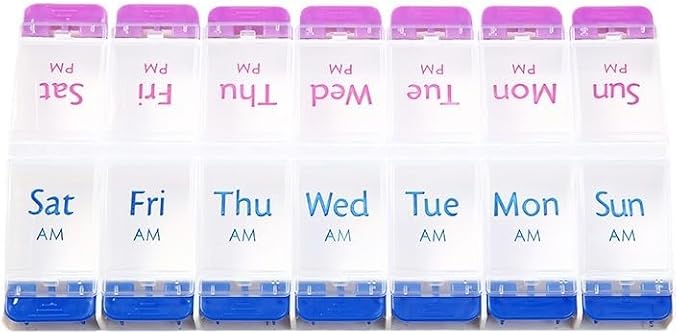 Daily Pill Case Organizer, 7-Day Weekly Medicine Planner Organizer | AM PM, Large Tray 14-Compartment Meds Box Container Pill Holder for Medication, Vitamin, Supplement, Fish Oil, Purple + Blue