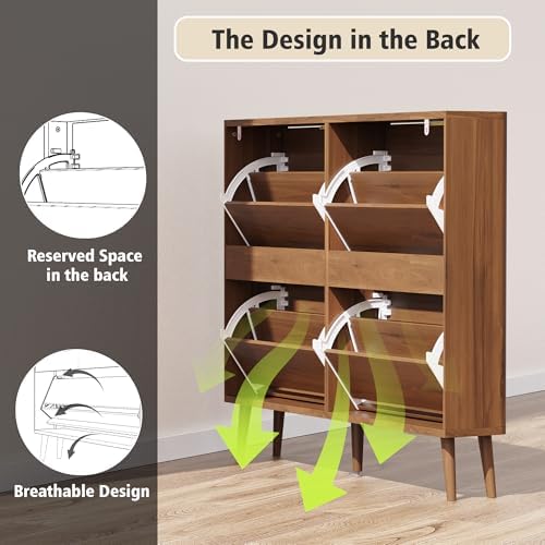 KIGOTY Narrow Shoe Storage Cabinet, Shoe Cabinet with 4 Flip Drawers, Freestanding Shoe Organizer with Legs for Entryway, Slim Shoe Rack Cabinet for Enterway (Walnut, 4 Flip Drawer)