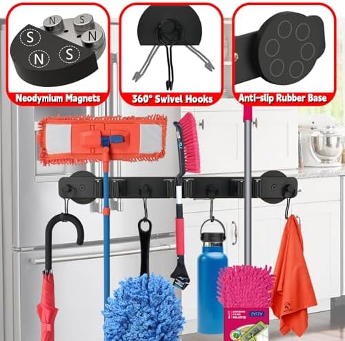 Magnetic Mop Broom Holder,Heavy Duty Movable Magnetic Wall Mount Tool Racks,No Drilling Utility Storage Shovel Hanger for Garage,Closet,Garden,Kitchen,Laundry (4 Hooks 3 Grippers,Black)