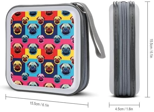 Hard Shell DVD CD Organizer Love Pug Dog, 40-Disc Storage Binder with Zipper Closure, Portable Protective Case for Travel Home