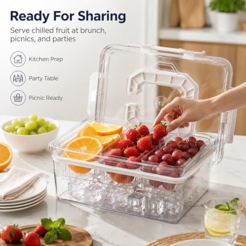 VECELO Bread Box with Slicer & Ice‑Chilled Condiment Caddy, Portable Airtight Bread Storage Container with Lid & Handle for Kitchen Counter, White Cookies,White