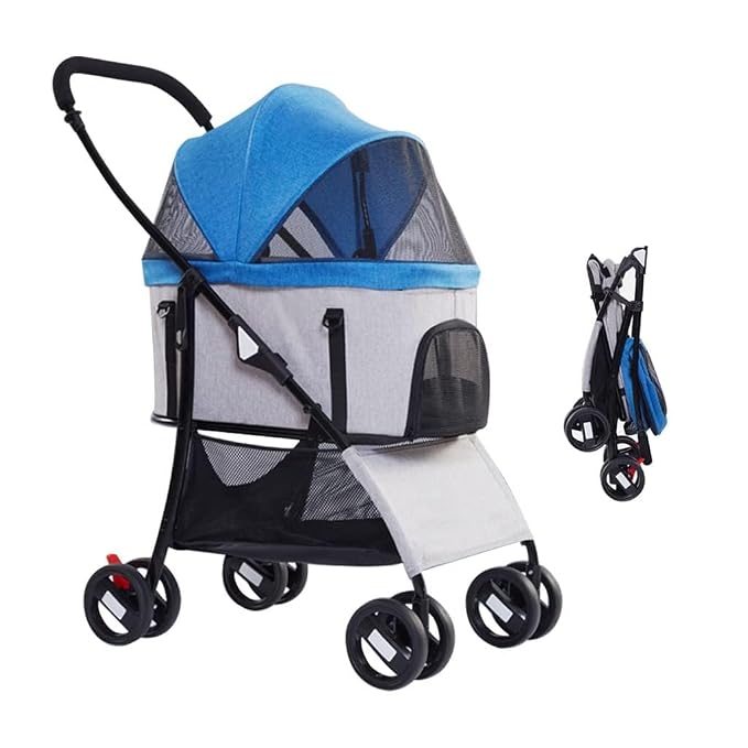 Pet Stroller Dog Stroller Foldable 3-in-1 Travel Cat Carriers & Strollers 4 Wheels Puppy Stroller with Storage Basket Portable Dog Stroller (Color : Blue)