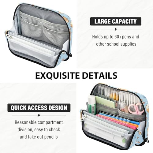 Emelivor Cute Pets Dogs Blue Print Large Capacity Pencil Case Stand Up Pencil Pouch for School Office Supplies Pen Organizer Bag with Pockets Portable Stationery Bag for Teens Adults Kids