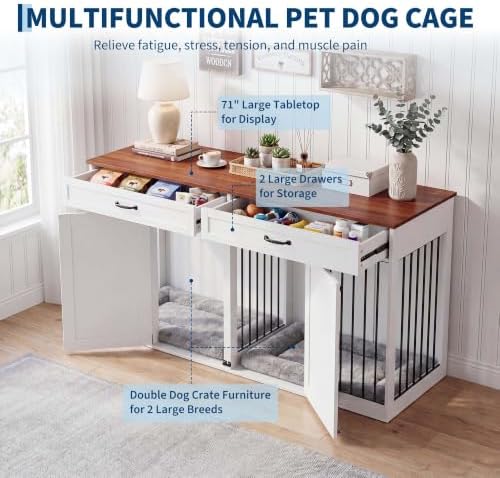 71'' Dog Crate Furniture for 2 Dogs, Dog Crate with 2 Drawer, Farmhouse Dog Crate with Removable Divider Dog Kennel Furniture, Heavy Duty Dog Cage and TV Stand for Large Medium Dogs