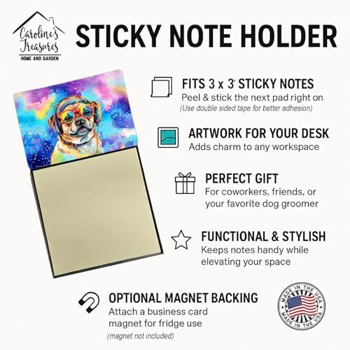 Caroline's Treasures Pug Hippie Dawg Sticky Note Holder Refillable Dispenser Self-Sticky Note Pads, Memo Pads Blank Desk Accessories