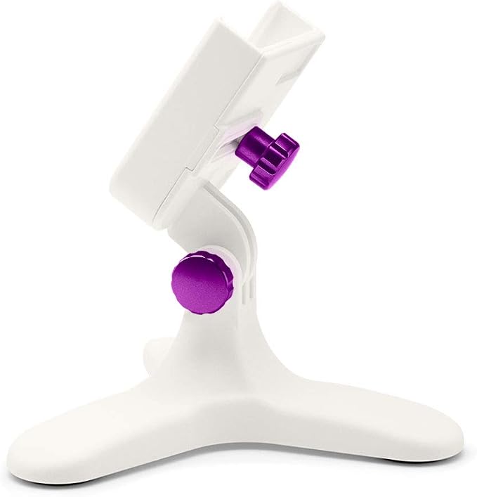 WeatherTech DeskFone in White - Adjustable, Universal Cell Phone Holder Mount Stand for Desk, Counter, Table - Tripod Design for iPhone & Smartphone Charging - Violet Metal Knobs
