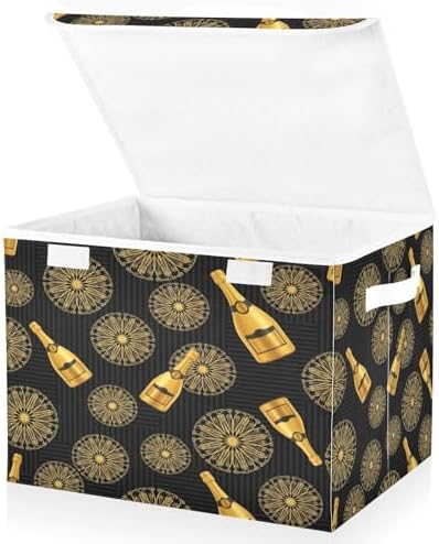 Storage Bins with Lids Gold Champagne Bottles and Foldable Storage Boxes with Handles Large Storage Basket Collapsible Organizer Containers for Closet Home Bedroom Office