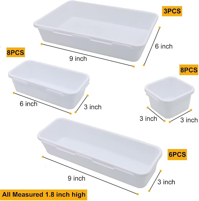 BOPART 25pcs Drawer Organizer Trays for Makeup Jewelries or Gadgets Storage Bins Interlocking for Office, Bedroom Dresser, Bathroom Vanity, Kitchen Junk Drawers Organization - White