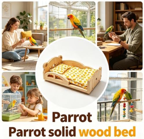 Parrot Bed 3 Pieces – Wooden Perch Detachable Cotton Pad Mat | | Natural Pine Wood Breathable Cotton Soft Washable Nest Resting Stand Cage Hammock Accessories Conure