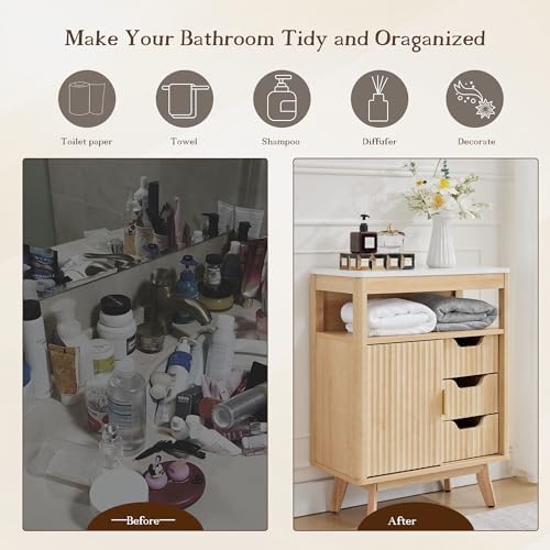 Grepatio Bathroom Floor Cabinet, Fluted Storage Cabinet with Sliding Door & 3 Drawers, Freestanding Cabinets Organizer Storage w/Adjustable Shelf, Faux Marble Top for Bathroom, Kitchen (Natural)