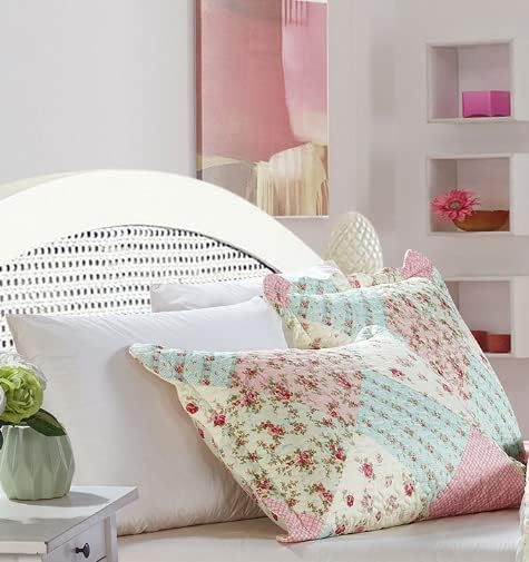 Brilliant Sunshine Pink & Green Roses Pillowshams Set, 20"x26"+2" | Patchwork Design, Quilted Standard Pillowcases, Washable Scallop Edge Pillow Covers, Pack of 2