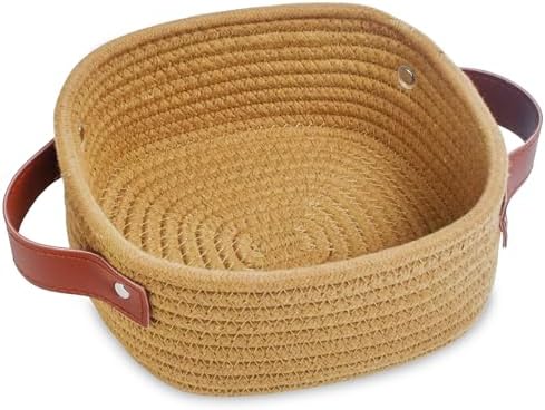 ABenkle Small Storage Basket, Mini Baskets, Cute Rope Woven Baskets for Organizing, Square Shelf Storage with Handle, Boho Decorative Toy Bin for Nursery, Spa, Empty Gift Basket - XS, Brown