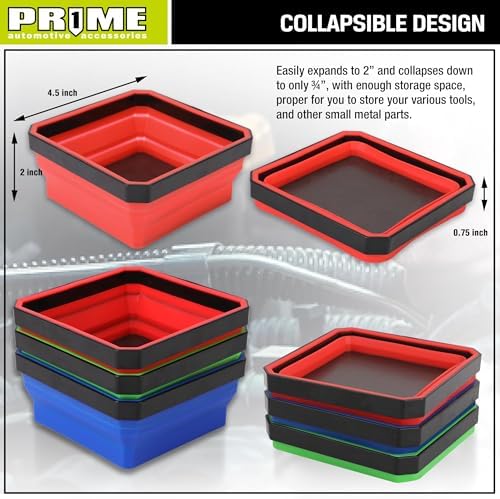 PR1ME Upgrade Collapsible Magnetic Parts Tray Set, 3 Pack, Foldable Magnetic Tool, 4.25 inch Square Silicone Bowls with Magnetic Base Stores and Organizes Small Parts and Tools