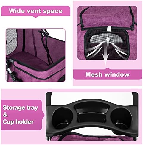 BestPet | 3-Wheel Foldable Pet Stroller | Purple | Lightweight & Portable | Travel Carrier with Mesh Windows, Storage Basket, Cup Holder, Safety Brakes, and Waterproof Fabric | For Small Dogs and Cats