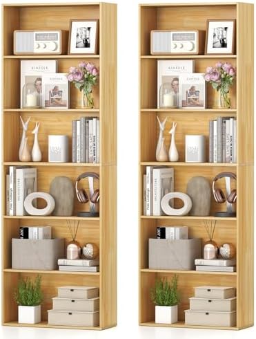 GIANTEX 6-Tier Bookcase Set of 2, 70" Tall Wooden Bookshelf, Freestanding Storage Organizer w/Open Shelves, Anti-Tipping Kits, Modern Floor Standing Display Shelves for Living Room,Burlywood