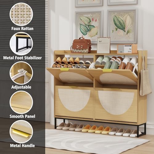 KIGOTY Narrow Shoe Storage Cabinet, Shoe Cabinet with 4 Flip Drawers, Freestanding Shoe Organizer with Legs for Entryway, Slim Shoe Rack Cabinet for Enterway (Rattan Oak, 4 Flip Drawer)