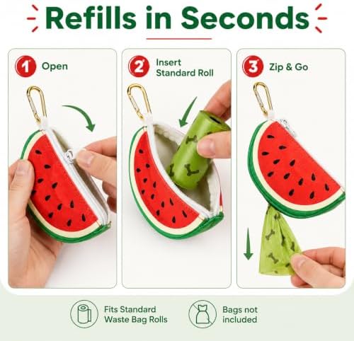 Watermelon Shaped Dog Poop Bag Holder Leash Attachment | Zipper Poop Bag Holder Dispenser & Trash Bag Carrier for Dog Walking, Cute Leash Attachable Dog Poop Bag Holder