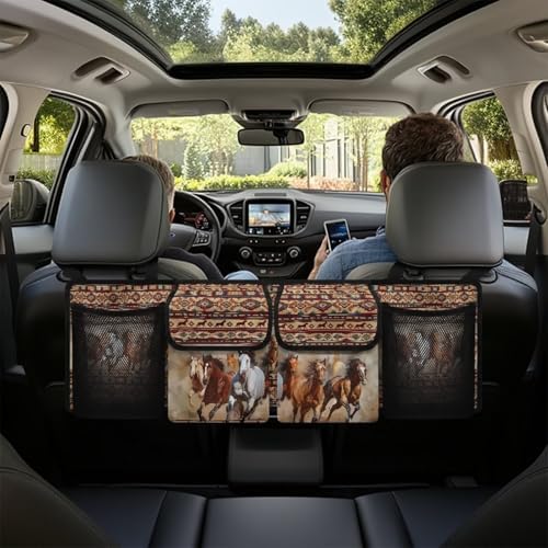 Aztec Horse Car Trunk Organizer for Women Men Car Back Seat Hanging Storage Bag Collapsible Auto Cargo Bag with 4 Large Pockets Auto Interior Accessories
