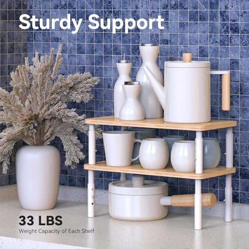 Bamboo Cabinet Organizer Shelf 2 Pack, Height Adjustable | Stackable Kitchen Shelf Organizer Wood Spice Rack Storage for Kitchen and Bathroom Cabinet, Pantry & Countertop