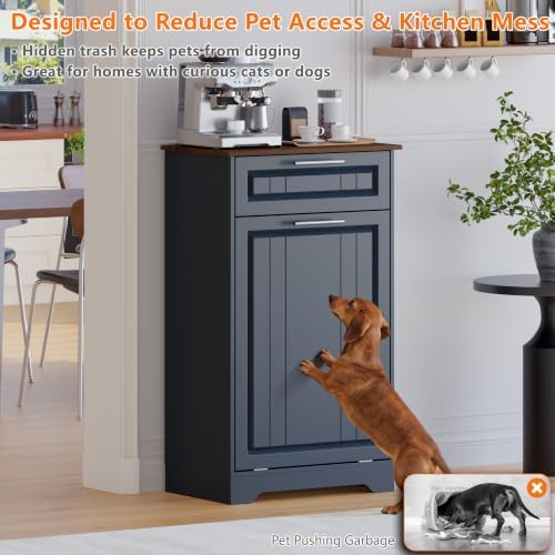 Single 10 Gallon Tilt Out Trash Can Cabinet with Deodorizing Function, Wooden Hidden Garbage Can Holder with Storage Drawers for Kitchen and Dining Room, Laundry Hamper Cabinet for Bathroom, Blue