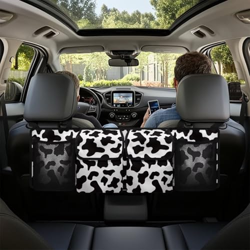 Dreaweet Cow Print Trunk Organizer for Car Women Cute Car Storage Accessories Interior,Large Capacity Backseat Trunk Organizer,Collapsible Car Storage Bag with 4 Pockets,Car Organizer for SUV Truck