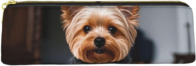 Leather Pen Case with Zipper - Aesthetic Pen Holder Cute Pet Yorkie Pencil Case for Women & Men - Handcrafted Pencil Bag Multi-Functional Travel Cosmetic Case for Work Office Tool Pouch