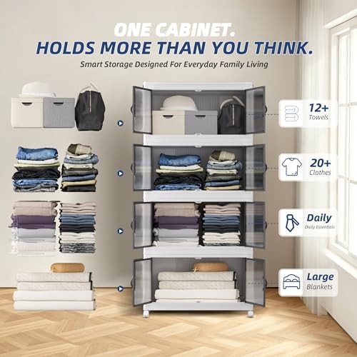 SAILUN 464Qt Stackable Storage Bins,Storage Cabinet with a Lid,4 Pack White