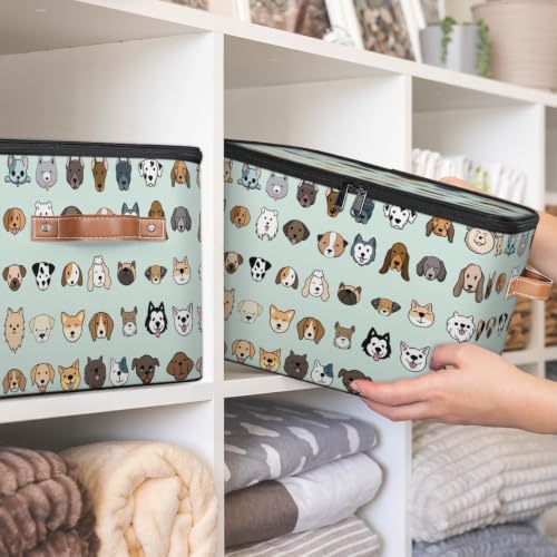 Cute Dogs Collapsible Fabric Storage Bin with Lid | Storage Basket, Foldable, Waterproof, Handle, Large, Closet Organizer, Home, Cartoon Dogs