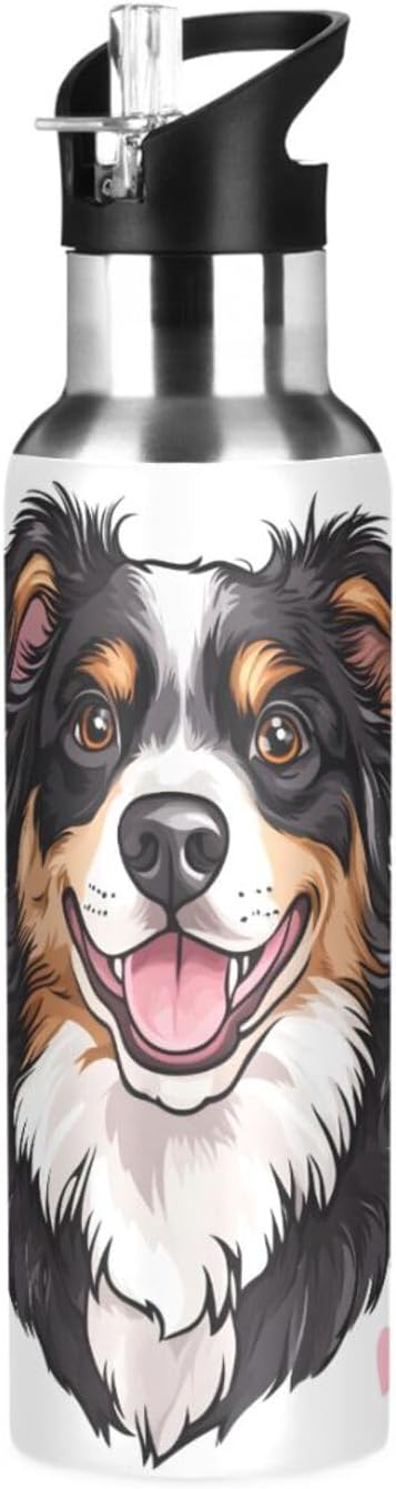 Bernese Dog Hearts Water Bottle with Straw Lid Kids Insulated Stainless Steel Water Flask Sports, 20 Oz Hot Cold