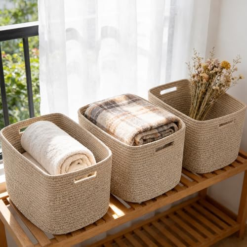 3 Pack Woven Baskets,Storage Baskets for Shelves with Handles | 13.5"×11"×9.5", Closet Baskets, Nursery Organizer for Toys Towels Books, Storage Bin for Living Room Bedroom (Mixed Brown)