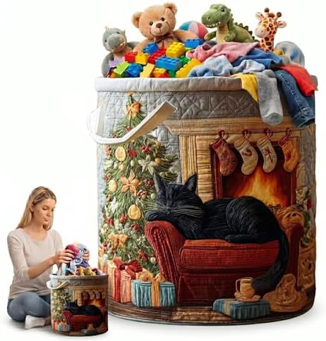Cat Laundry Basket, Quilted Fabric Clothes Hamper with Handles, Decorative Fireplace Storage Bin, Holiday Gift for Home(16" x 22")