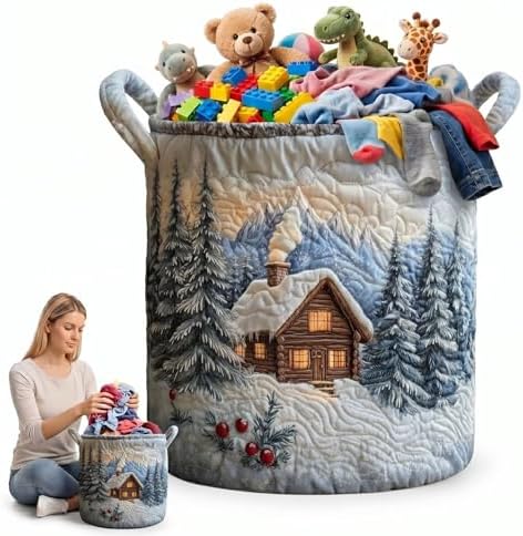 Winter Cabin Laundry Basket Quilted Snow Landscape Clothes Hamper Mountain Forest Toy Storage Bin Fabric Blanket Organizer Bag(14"x 18")